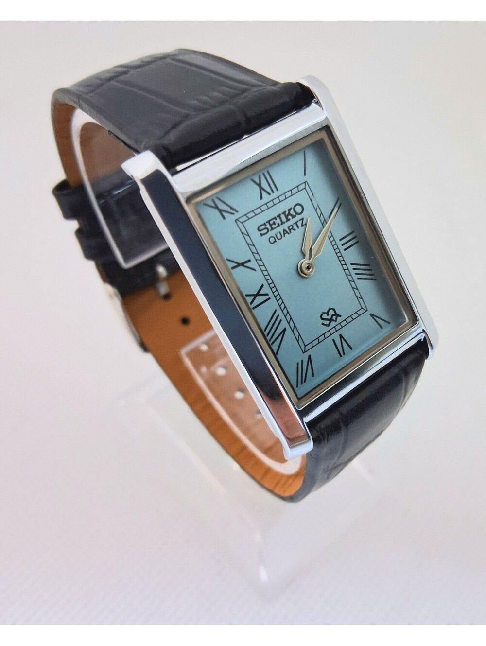 VINTAGE Seiko Quartz Dress Men's Seiko Tank Tiffany Blue Dial Watch RARE